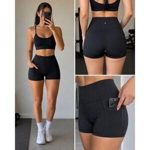 Women High‎ Waisted Athletic Biker Shorts with Pockets Black XS